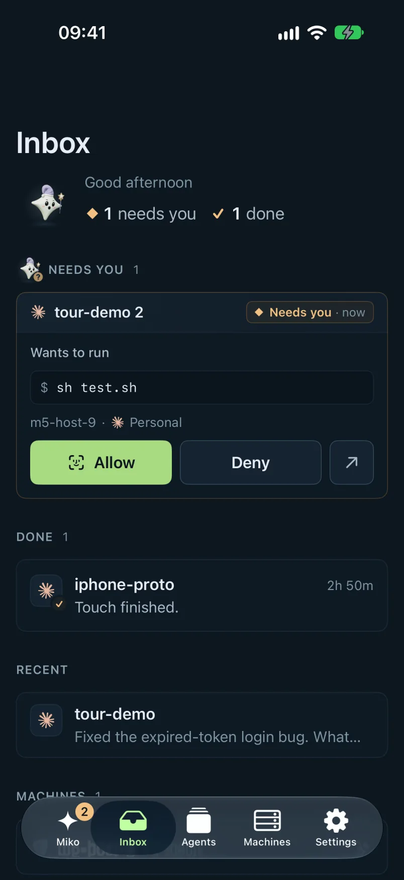 Miko's Inbox on iPhone: one agent needs you (it wants to run sh test.sh, with Allow and Deny), one is done.